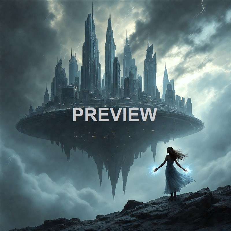 A woman in a flowing dress stands on rocky ground beneath a dark, stormy sky, with a large, floating city with tall skyscrapers and lightning in the background.